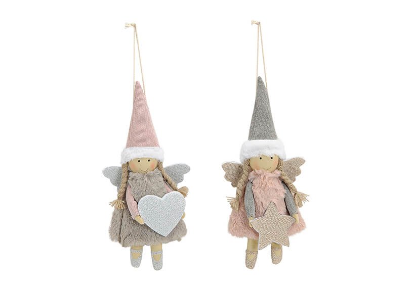 Colgantes ángel de tela y peluche G. Wurm, 2 modelos, gorro rosa y gris, 23 cm