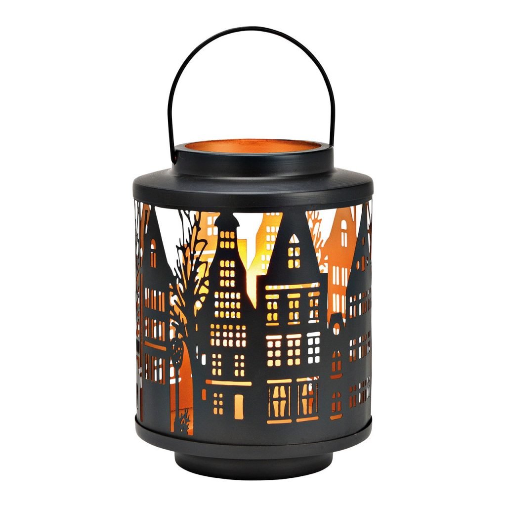 Farol casa de ciudad de metal negro G. Wurm con silueta troquelada iluminada, 24 cm