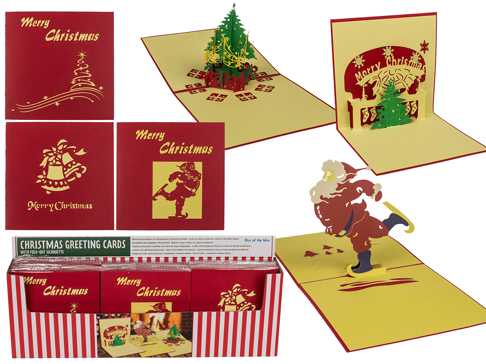 Tarjetas navideñas troqueladas Out of the Blue, rojo y dorado, silueta desplegable en 3D