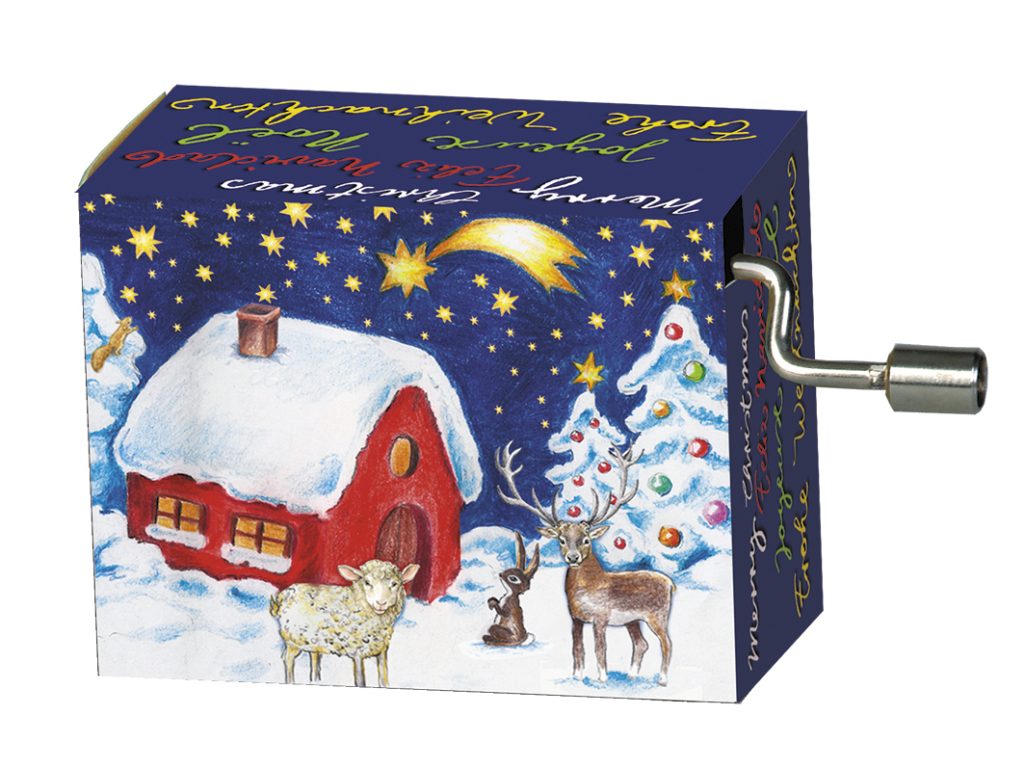 Caja de música Fridolin We Wish You a Merry Christmas, manivela, motivo bosque invernal
