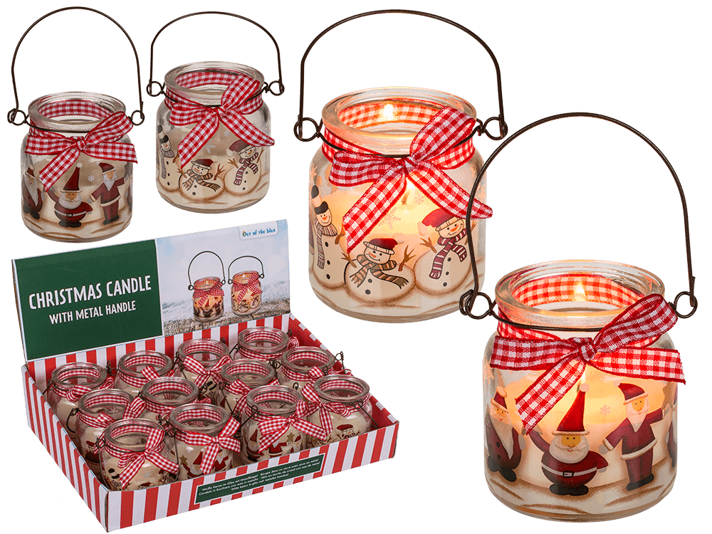 Velas navideñas en tarro de cristal con asa de metal y lazo rojo, motivos de Papá Noel y muñecos de nieve