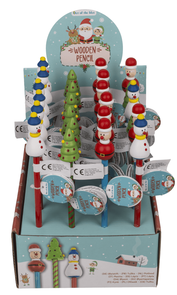 Expositor de lápices de madera navideños con figurita de Papá Noel, muñeco de nieve y abeto